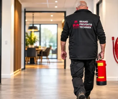 Monteur van Brandpreventie Techniek met een brandblusser op locatie, naast een brandslanghaspel