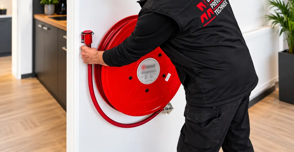 Technicus controleert een brandslanghaspel