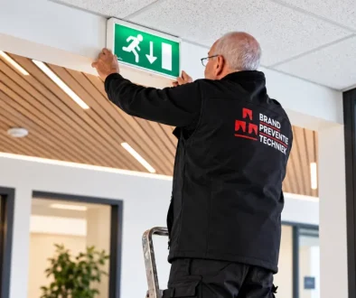 Monteur van Brandpreventie Techniek controleert een vluchtwegaanduiding met noodverlichting
