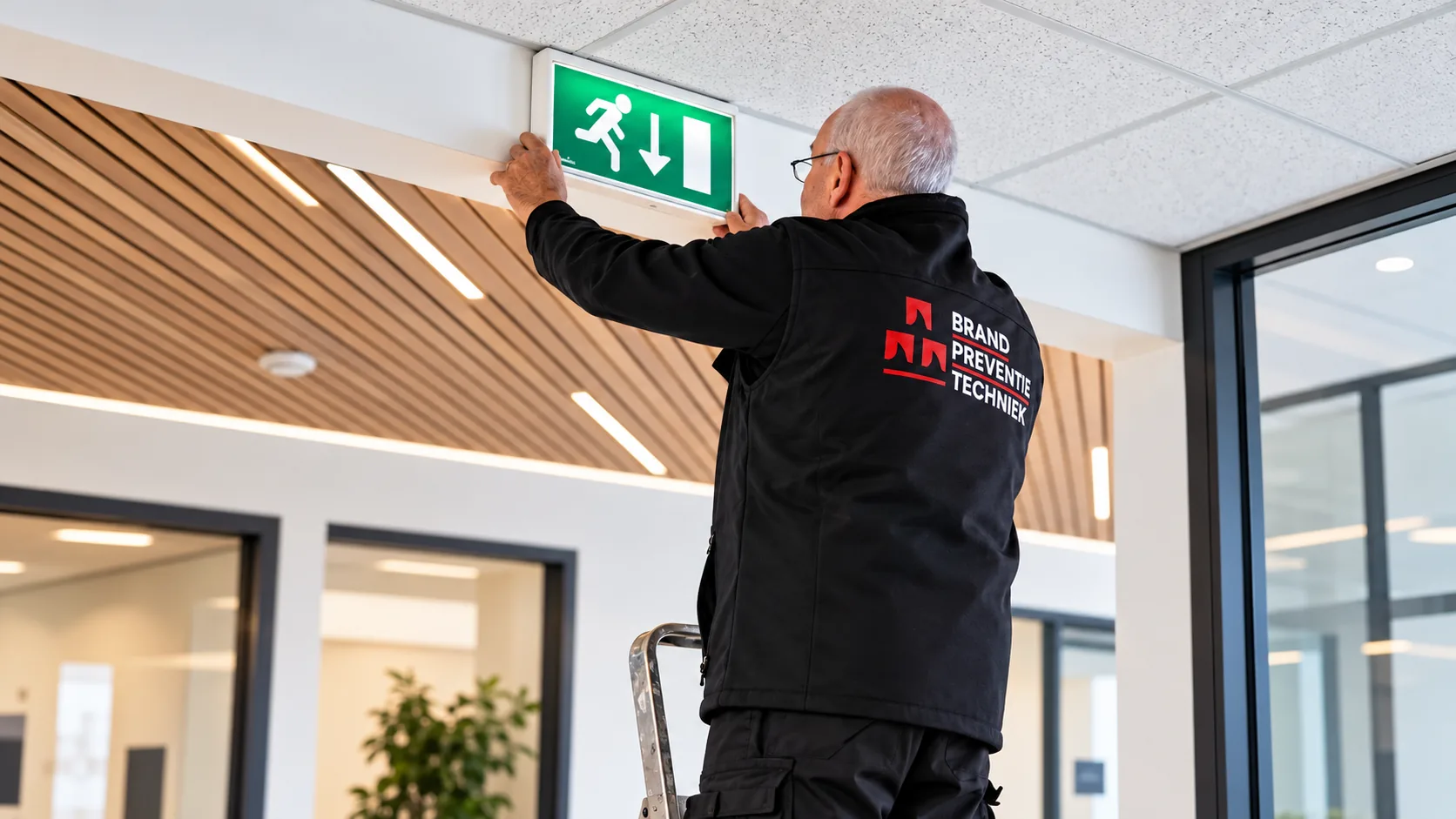 Monteur van Brandpreventie Techniek controleert een vluchtwegaanduiding met noodverlichting